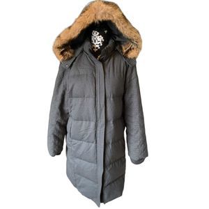 Tory Burch Gray Puffer Coat with Faux Fur Trim